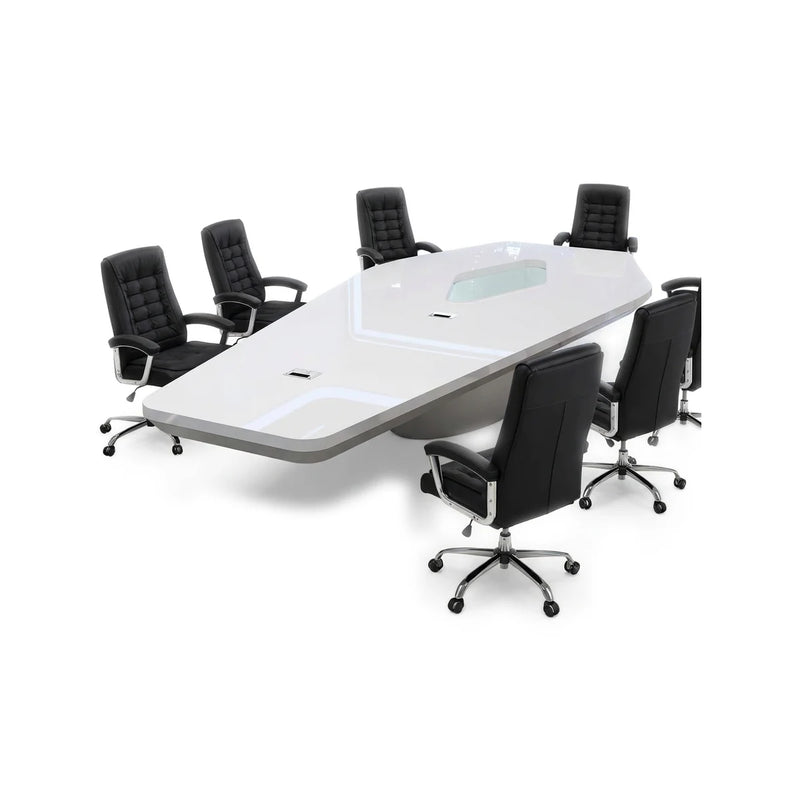 Vertix modern white conference table with a tapered hexagonal top and center diamond cutout, 8′ to 16′5″ (96 to 197-inch) lengths