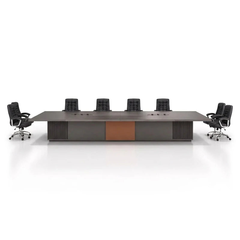 Medley modern conference table in gray with a gray oak inlay and slatted pedestal with an orange panel, 8′ to 15′9″ (96 to 189-inch) lengths