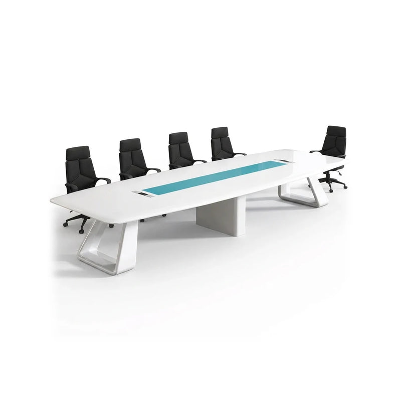 Concord modern white conference table with a teal glass center inlay and open trapezoid leg, 8′ to 16′5″ (96 to 197-inch) lengths