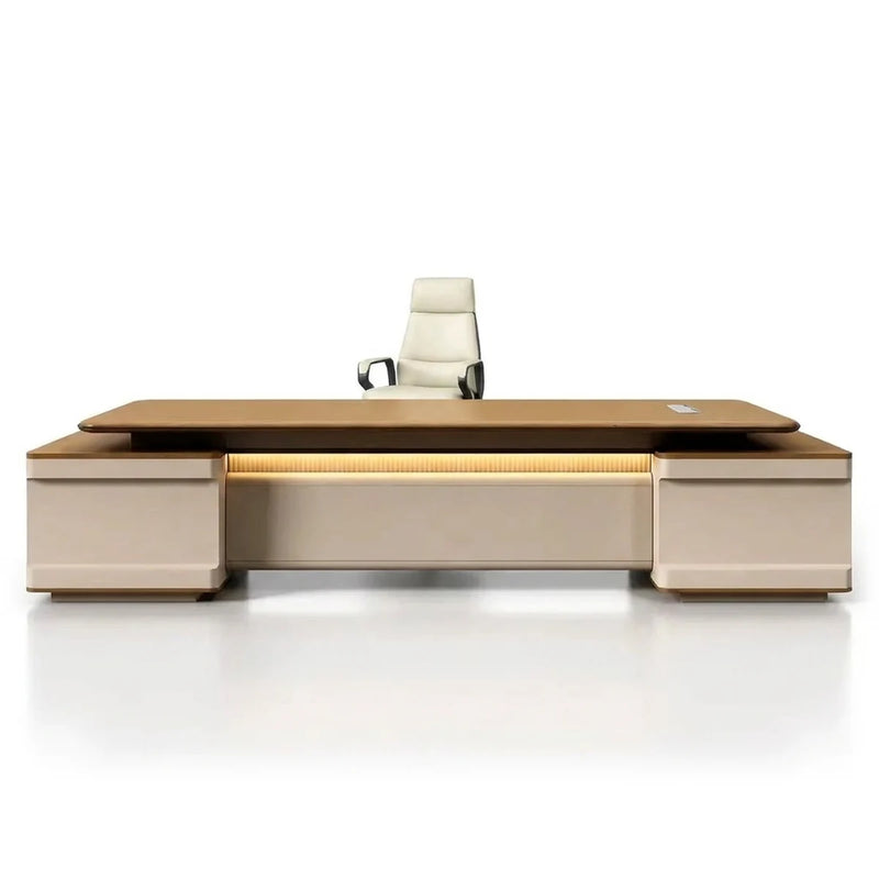 Halsey executive desk in beige and oak with lit fluted band