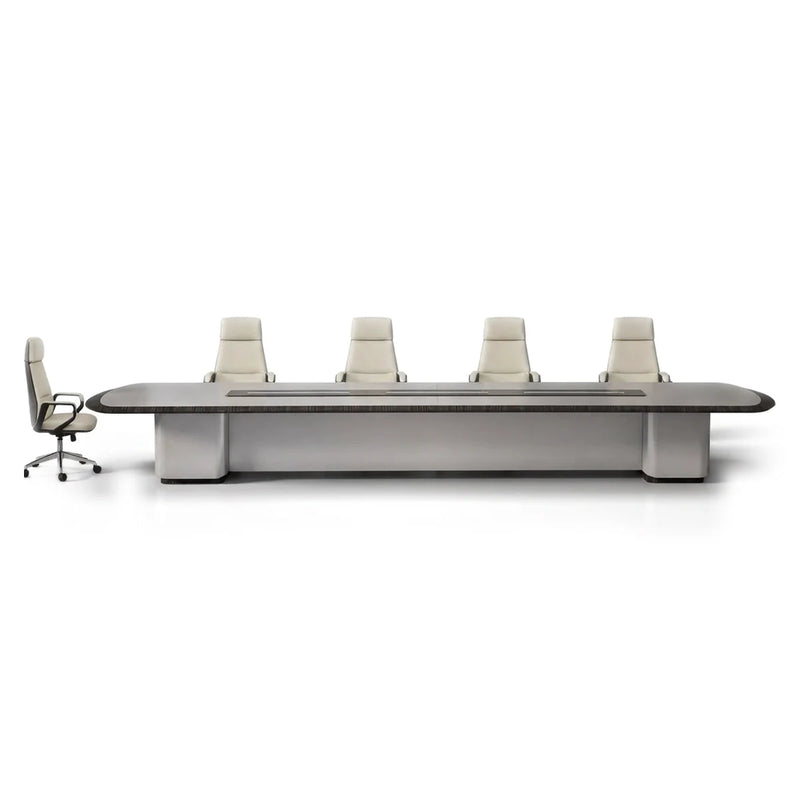 Zenith luxury boardroom table with a gray leather-look top, ebony edge band and powered center rail, massive 22′4″ (268-inch) length