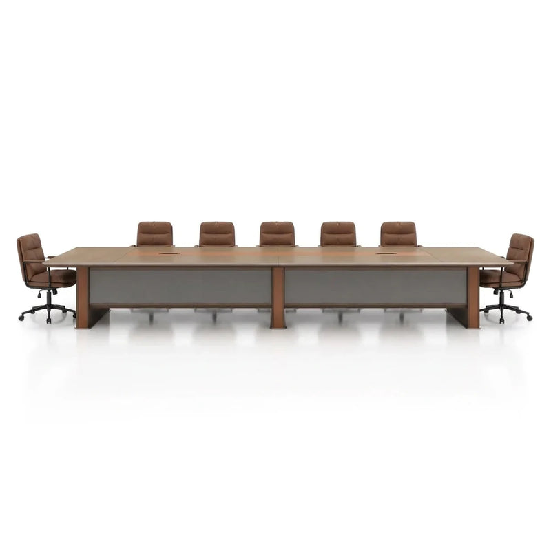 Brock modern conference table in brown and gray with a copper-toned center runner and panel legs, 8′ to 19′8″ (96 to 236-inch) lengths