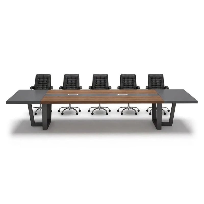 Oakburn modern conference table in dark oak with gray end panels on black trapezoid frame legs, 9′ to 15′9″ (108 to 189-inch) lengths
