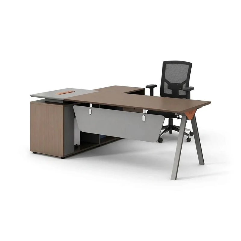 Tasker desk in gray oak with silver A-legs and white modesty panel