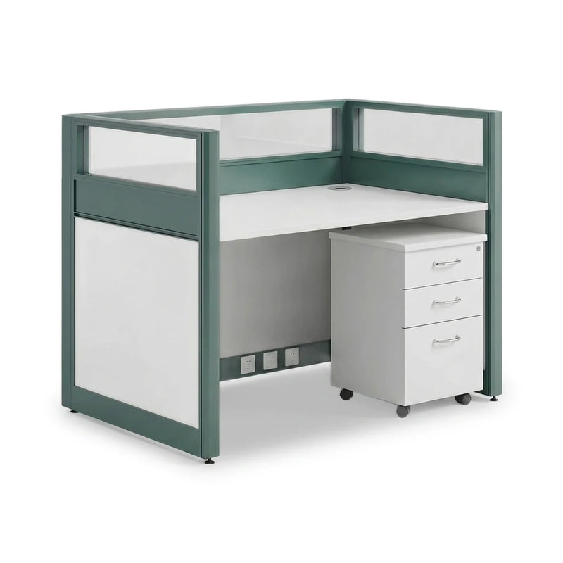 Torven single straight cubicle workstation desk in white with a teal frame and a mobile pedestal, 51-inch (4′3″) wide