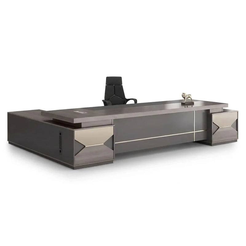 Eyer executive desk in gray-brown wood with champagne chevron pedestals