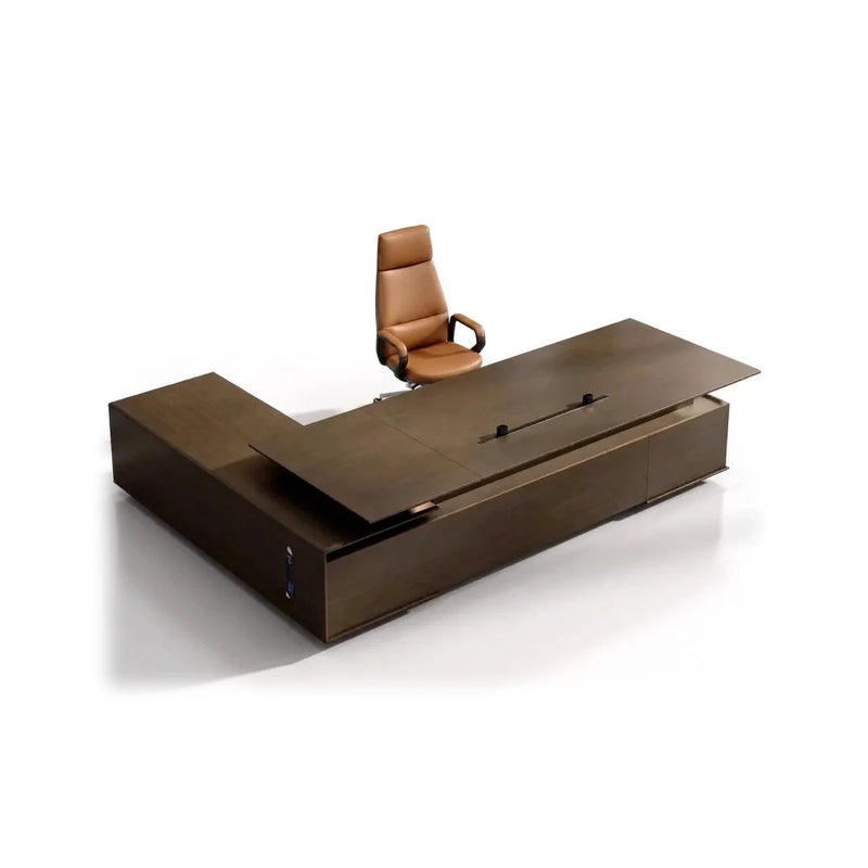 Hiley executive desk in dark bronze woodgrain, low profile