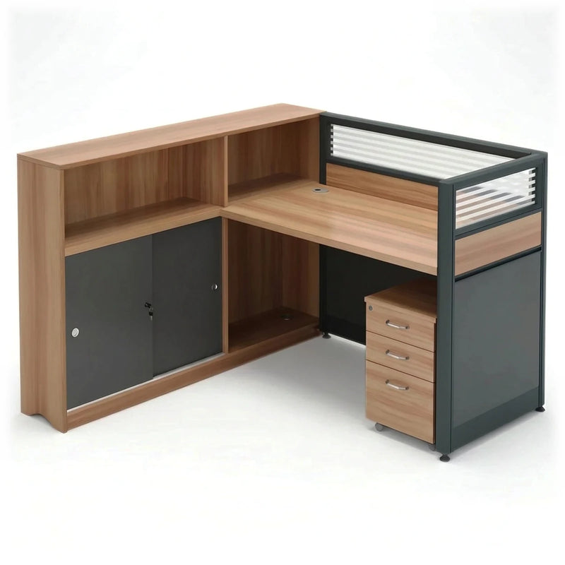 Orlian single L-shaped cubicle workstation desk in birch and dark gray with a storage return, 55-inch (4′7″) wide