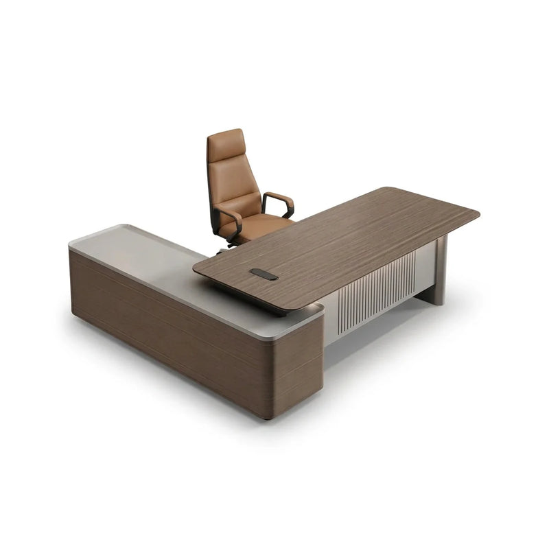 Sayers desk in brown and gray with slatted pedestal screen