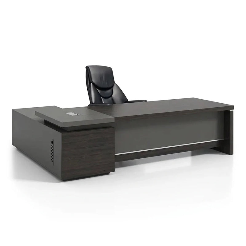 Hershey modern L-shaped executive desk in Midnight Black, right return, customizable in four widths and two finishes