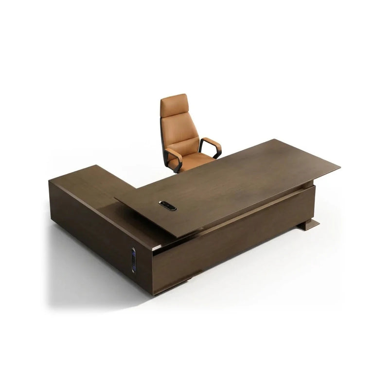 Atlee L-shaped executive desk in bronze textured woodgrain, low modern profile