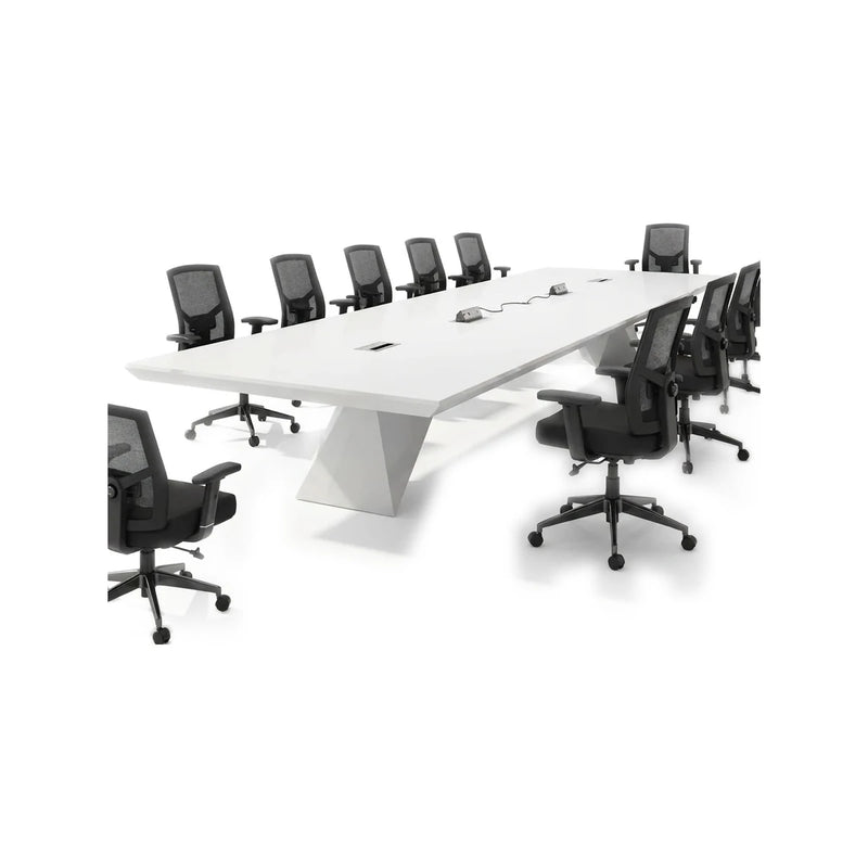 Ardyn modern white conference table with a slab top on two faceted pedestal legs, 8′ to 16′5″ (96 to 197-inch) lengths
