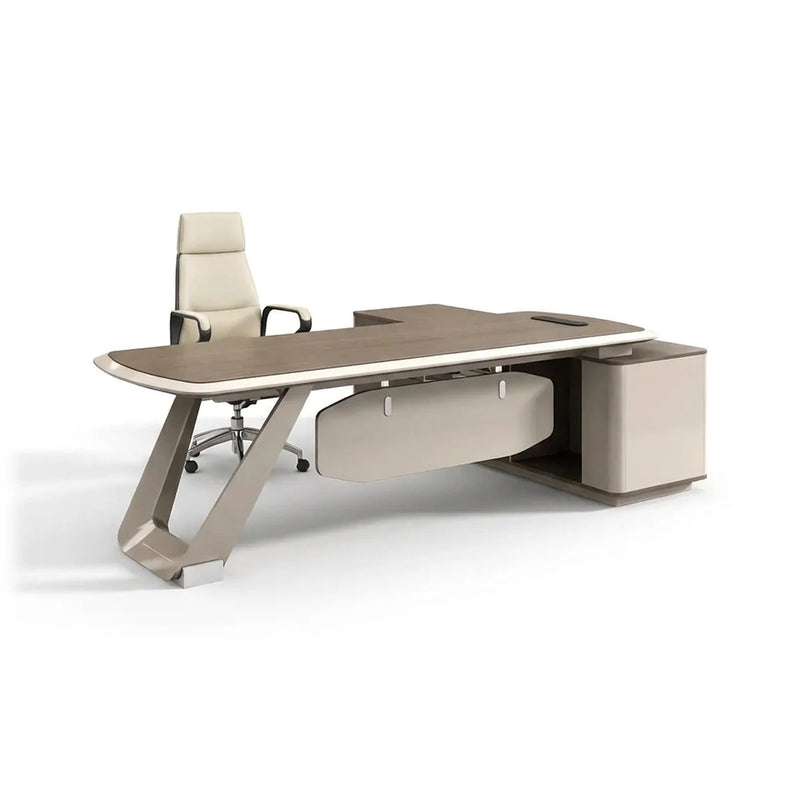 Tiller desk in walnut with rounded top and cream sweep base
