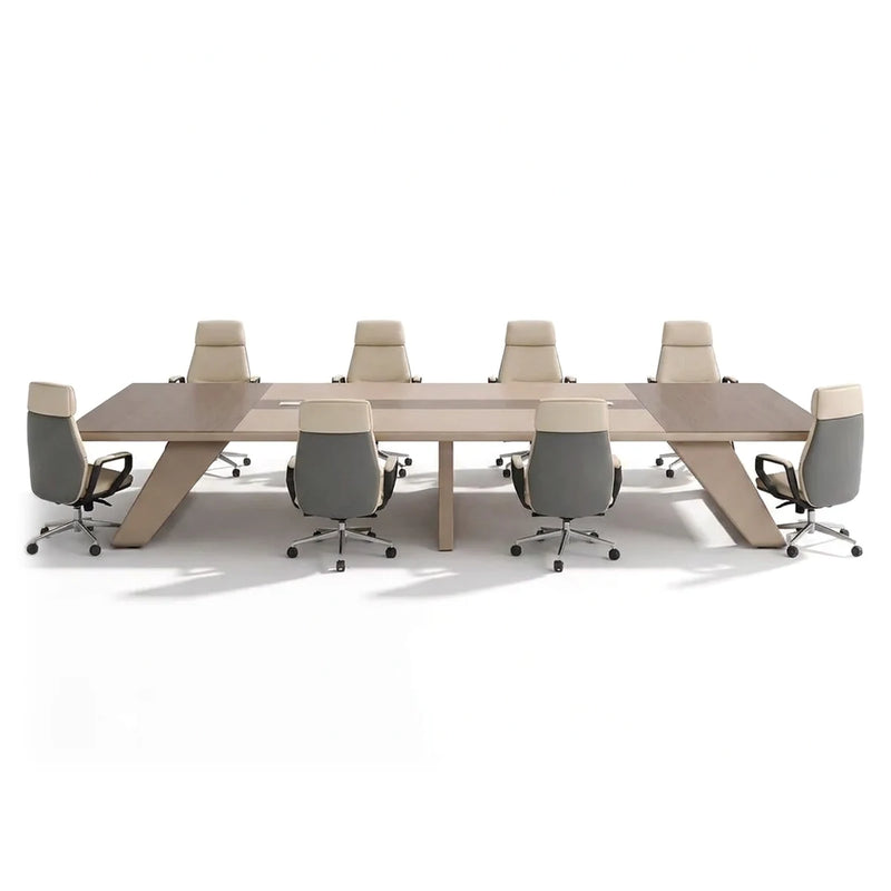 Lyric modern conference table in gray oak with a beige center panel on angular loop legs, 6′7″ to 18′ (79 to 216-inch) lengths
