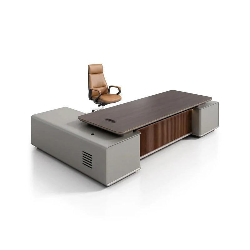 Magill executive desk in gray and brown oak with fluted center