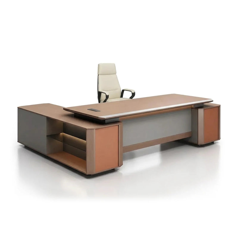 Cassel executive desk in birch with cognac leather pedestals and task light