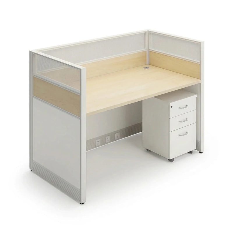 Corven single straight cubicle workstation desk in white and birch with a mobile pedestal, 51-inch (4′3″) wide