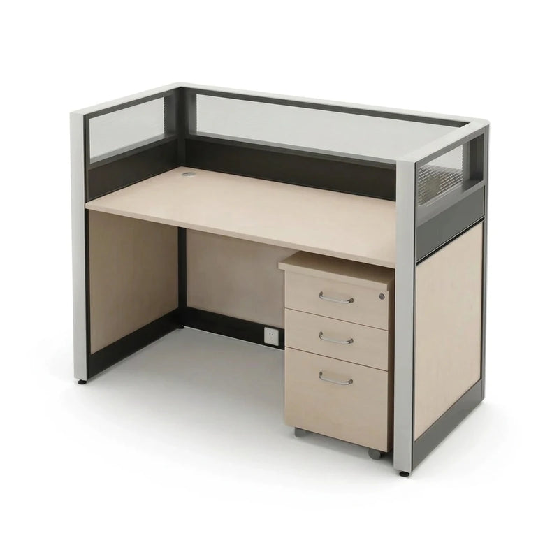 Covar single straight cubicle workstation desk in birch and beige with a mobile pedestal, 51-inch (4′3″) wide