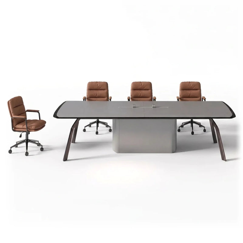 Amalga luxury conference table in gray with a rounded top, central pedestal and splayed black legs, 12′ (144-inch) length seating 12