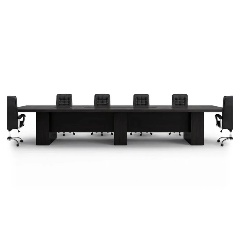 Hendley modern black conference table with a recessed center panel and two slab legs, 8′ to 15′9″ (96 to 189-inch) lengths