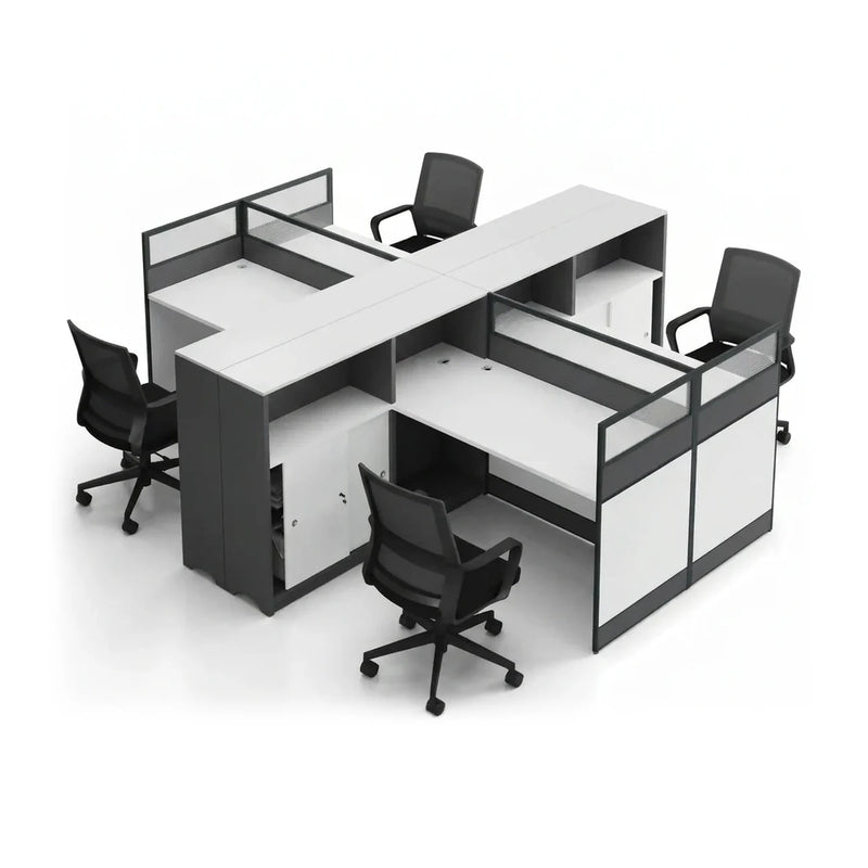 Norven single L-shaped cubicle office workstation desk in white and gray with a sliding-door cabinet, 55-inch (4′7″) wide