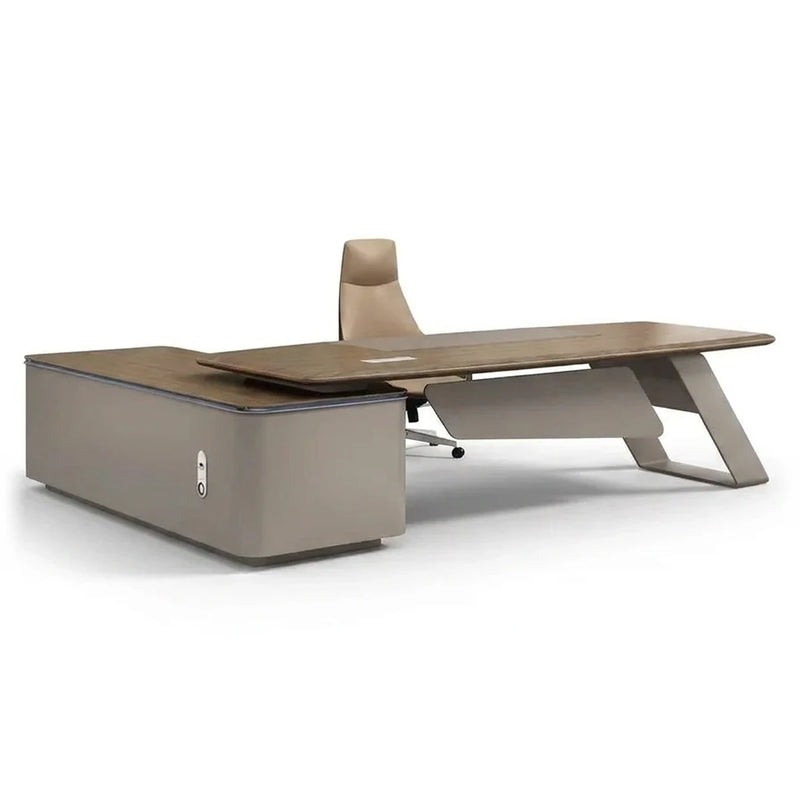 Laurier desk in warm textured woodgrain with taupe blade legs