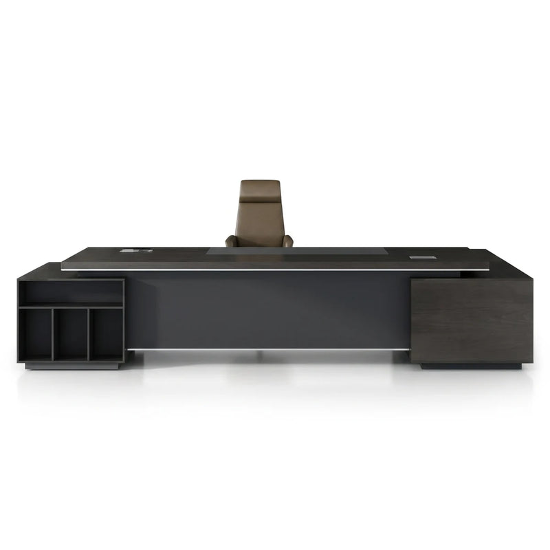 Byram executive desk in black with brown oak top and open shelf return