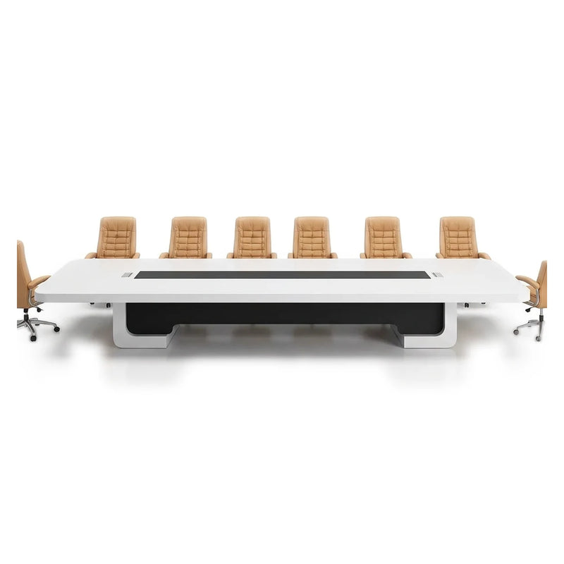 Nexum modern white conference table with a black center channel on a curved sled base, 8′ to 16′5″ (96 to 197-inch) lengths