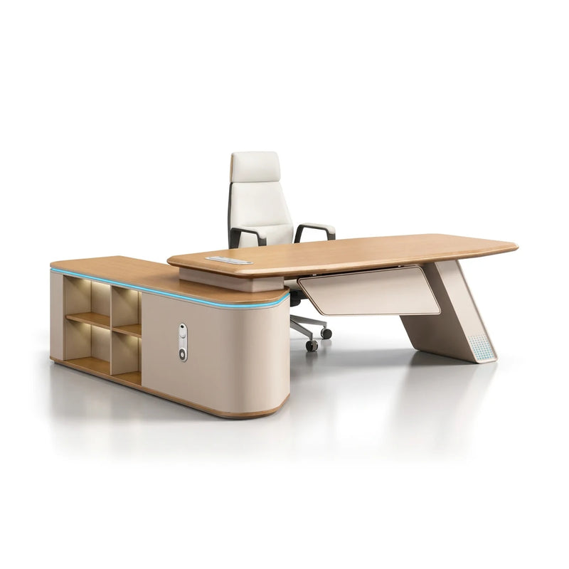Ellis L-shaped desk in beige and oak with teal LED trim and open shelves