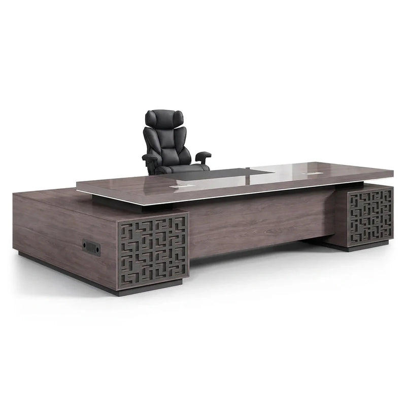 Magnus executive desk in gray oak with carved fretwork pedestals