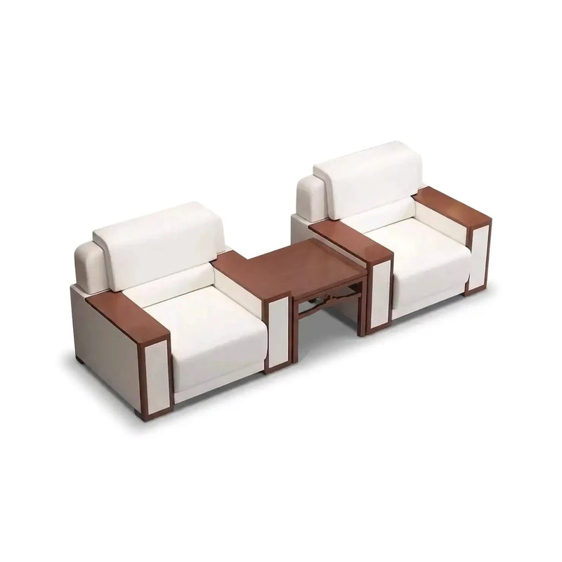 Boden office lounge arm chair in white fabric with reddish-brown wood arm frames, studio view