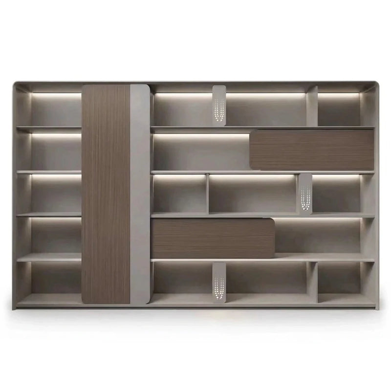 Keswick 10′6″ (126-inch) office wall unit, light gray frame with brown sliding panel and floating doors over lit open shelves