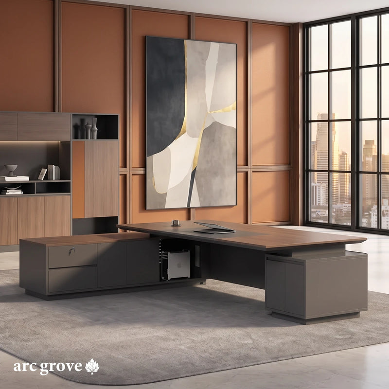 Alford L-shaped desk from the user's side, with locking drawers and an open computer bay in the return