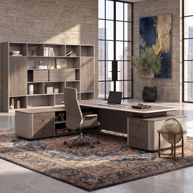 Ainley L-shaped desk in walnut and champagne in a designer office with display shelving
