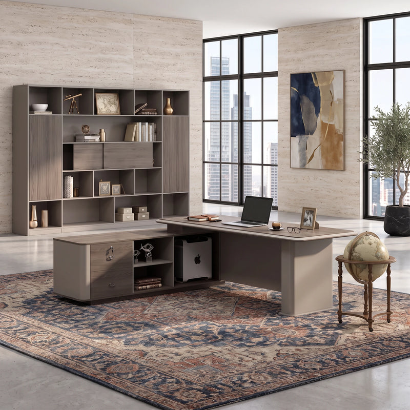 Teller desk with drawer credenza and computer bay, spotlit floor