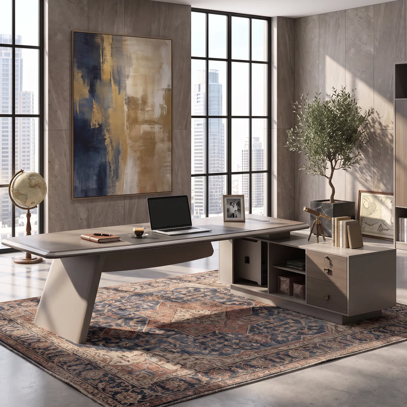 Corely desk from the user's side in a gray stone tower office