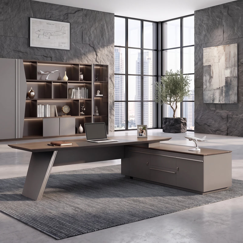 Finley desk in walnut in a slat-paneled corner office