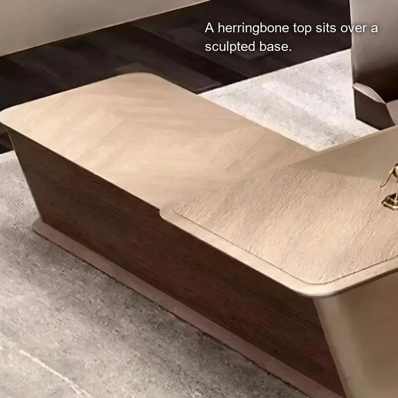Cognac herringbone desktop over the sculpted base, close view