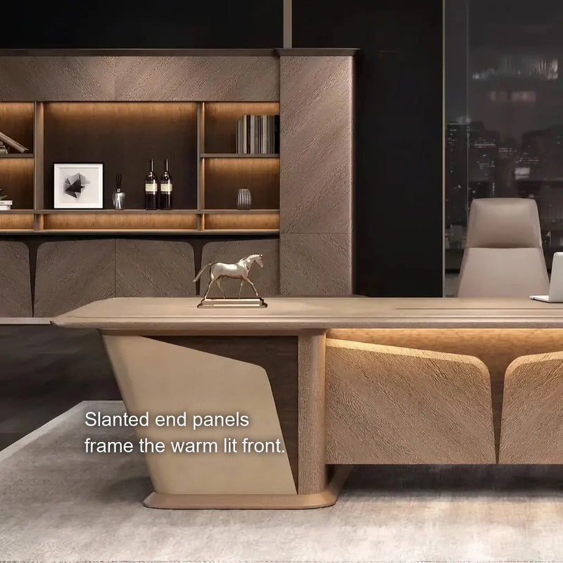 Close-up of the slanted end panels and lit front of the Cognac desk
