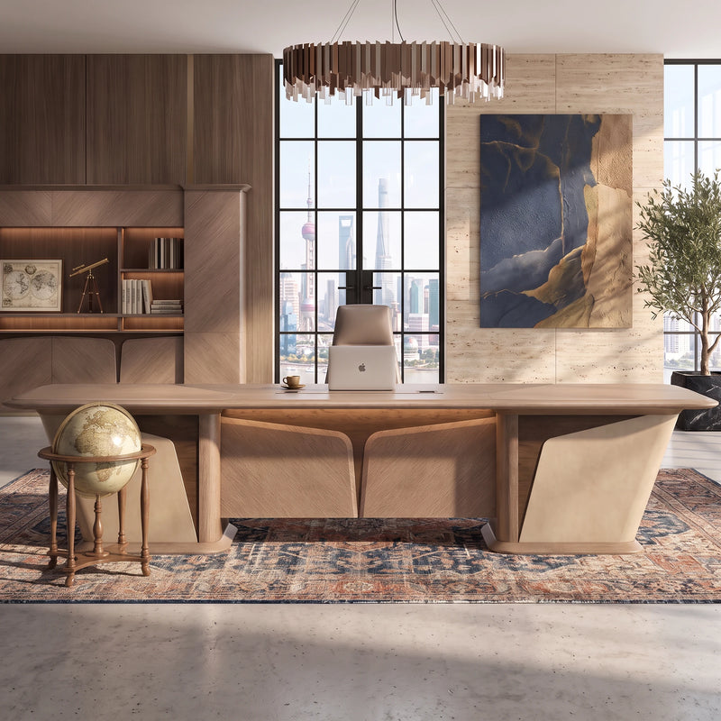 Cognac luxury desk glowing under LED trim in a night office
