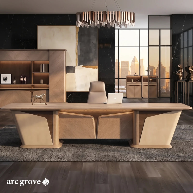 Cognac executive desk seen straight on, with slanted end panels and a warm light strip