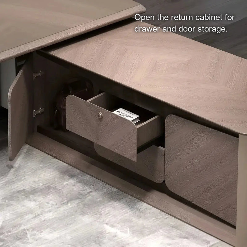 Cognac return cabinet open, drawer and door storage in beige