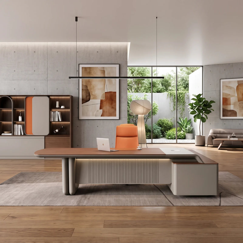 Caster executive desk in a concrete courtyard office with a garden window beside its matching shelving