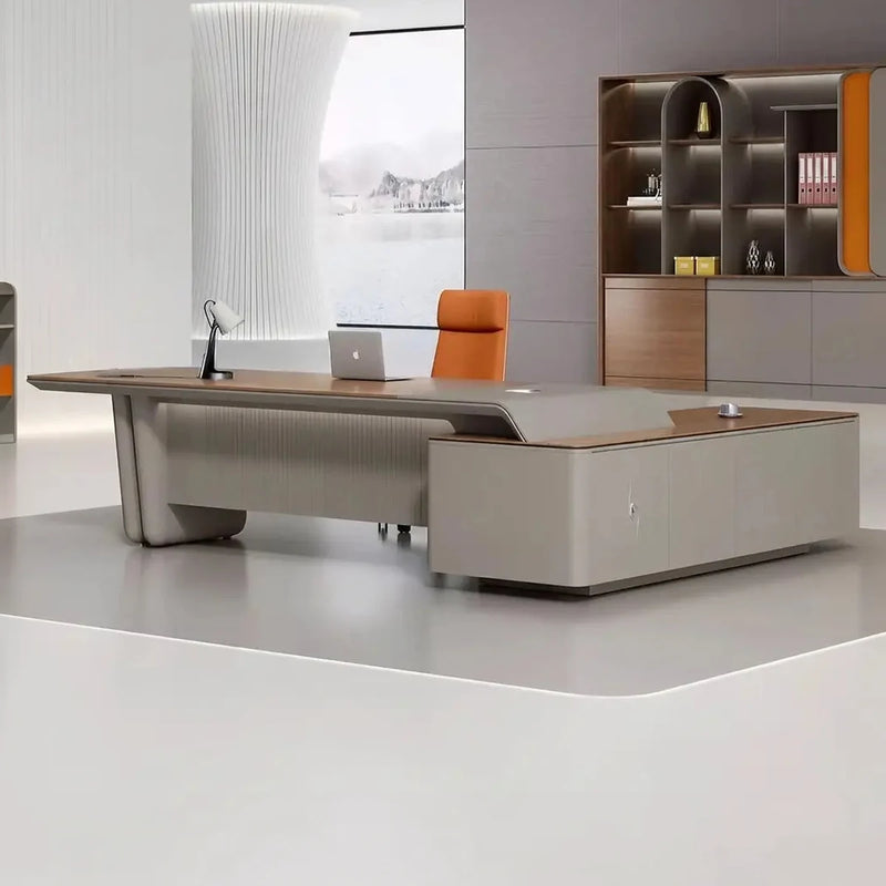 Caster desk, left return, in a feminine executive office with arched shelving