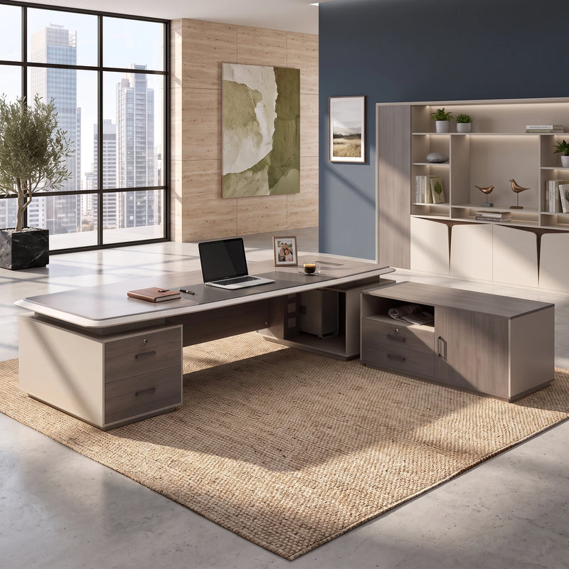Wynn desk with low storage return in a light-wood office