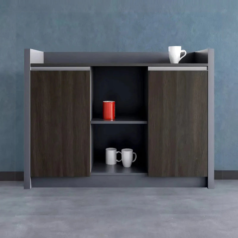 Radnor office sideboard front view in a blue room, mugs and a red cup on the open shelves, walnut doors
