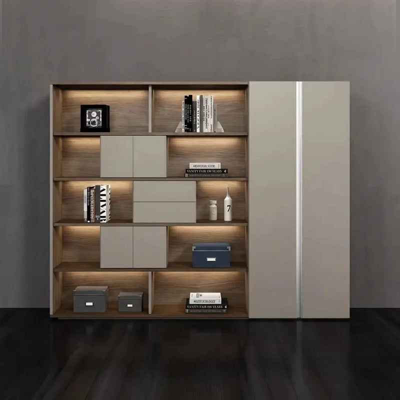 Fenwick 8′ (96-inch) office shelves with integrated lighting in a gray room, books and boxes on the lit tiers, closet on the right