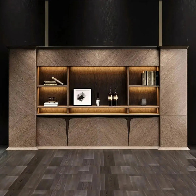 Brandy office shelves with integrated lighting in a dark executive room, 12′ or 13′9″ wide, books and art on the lit tiers