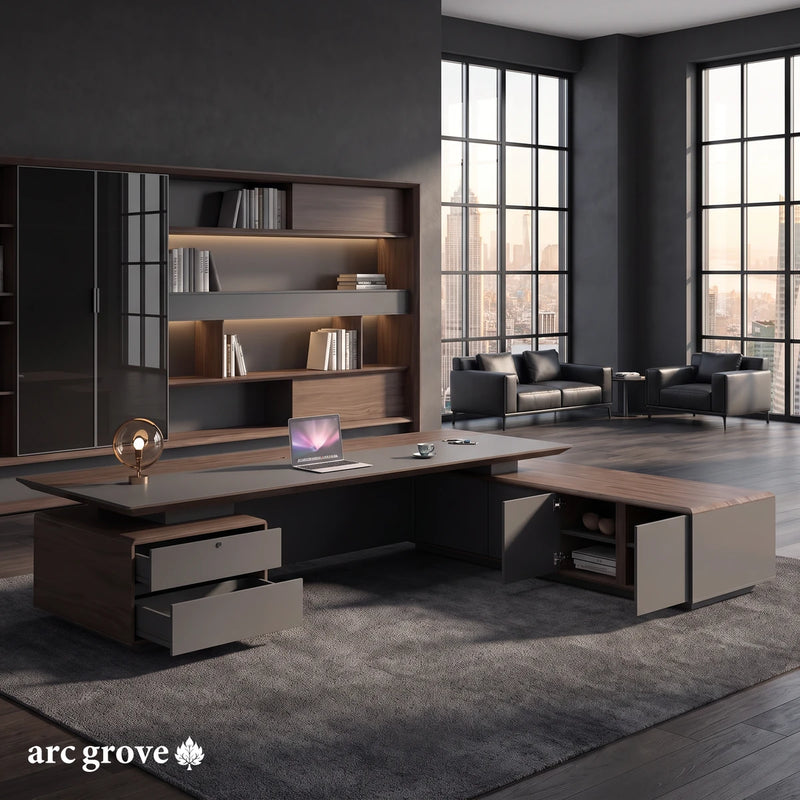 Frisco desk from the user's side, with an open pedestal and return doors