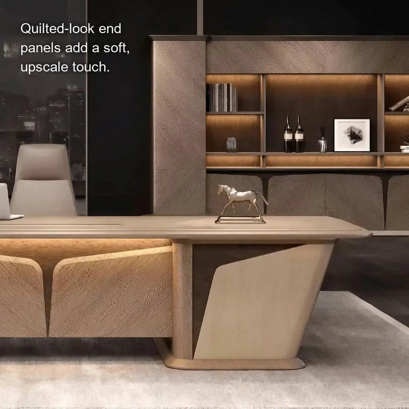 Cognac desk end panels in quilted beige leather-look
